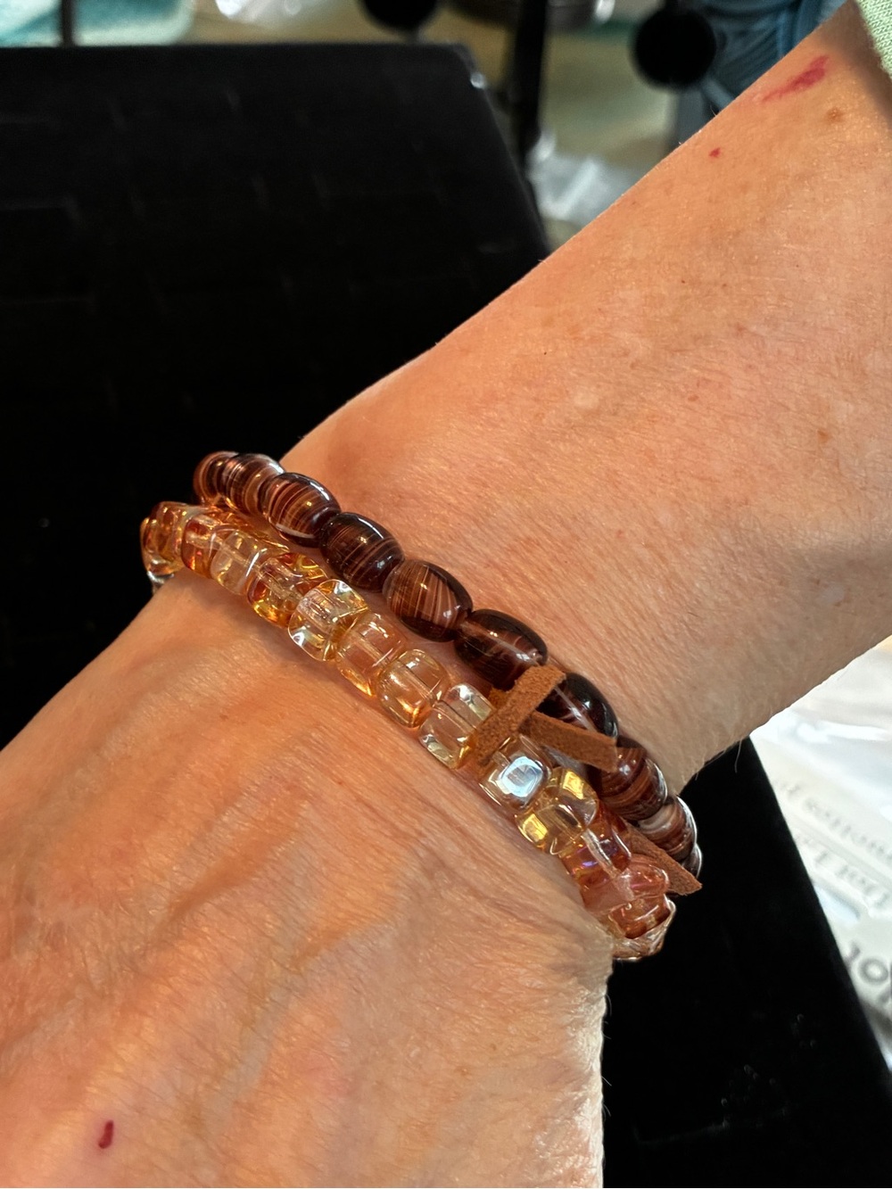 Sabika Amber and Brown Beaded Stretch Bracelet Set